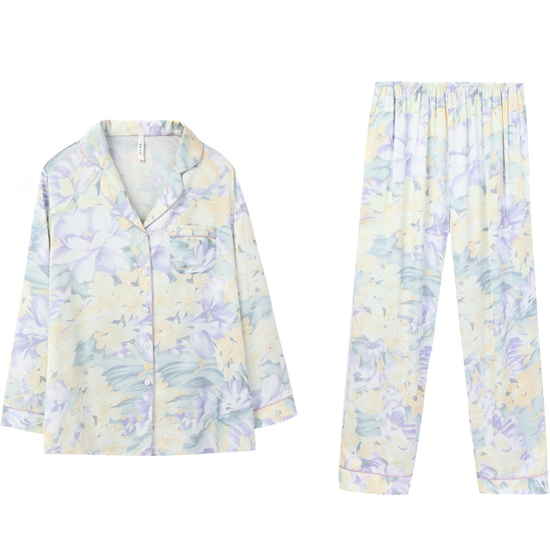 安之伴睡衣女仿冰丝开衫套装冰感丝印花国民领长袖可外穿女士套装