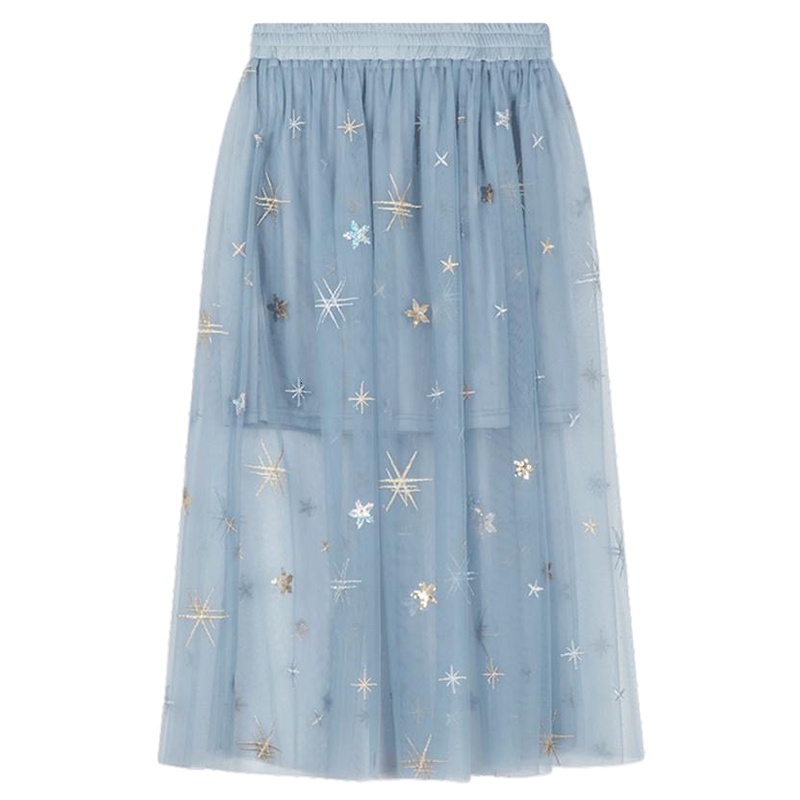 拉夏贝尔超仙半身裙女夏季新款中长高腰网纱蕾丝a字裙黑色百褶裙子