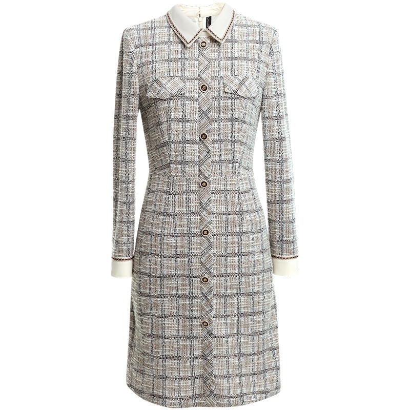 OUNIXUE欧昵雪 | [多色纱线格子A字裙]春秋优雅风织带拼接翻领修身连衣裙女