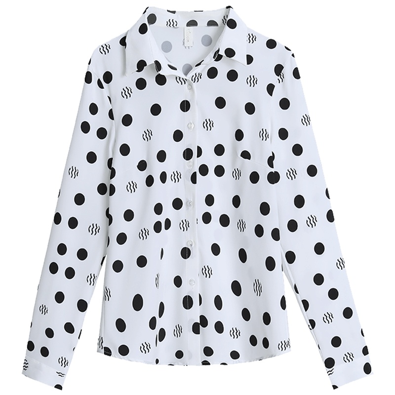 恒源祥长袖衬衫女春装撞色波点衬衣清新复古OL上衣单排扣