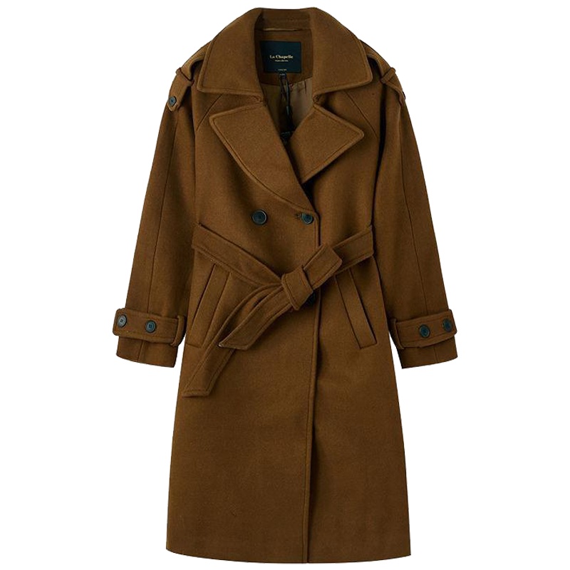 拉夏贝尔秋冬新款优雅香风中长款双排扣翻领毛呢外套女10012993