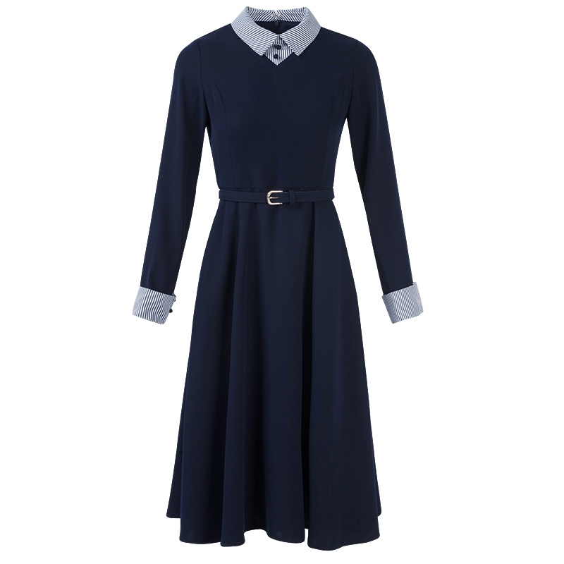 晩白 新品假两件翻领收腰显瘦中长款A字通勤衬衫连衣裙女