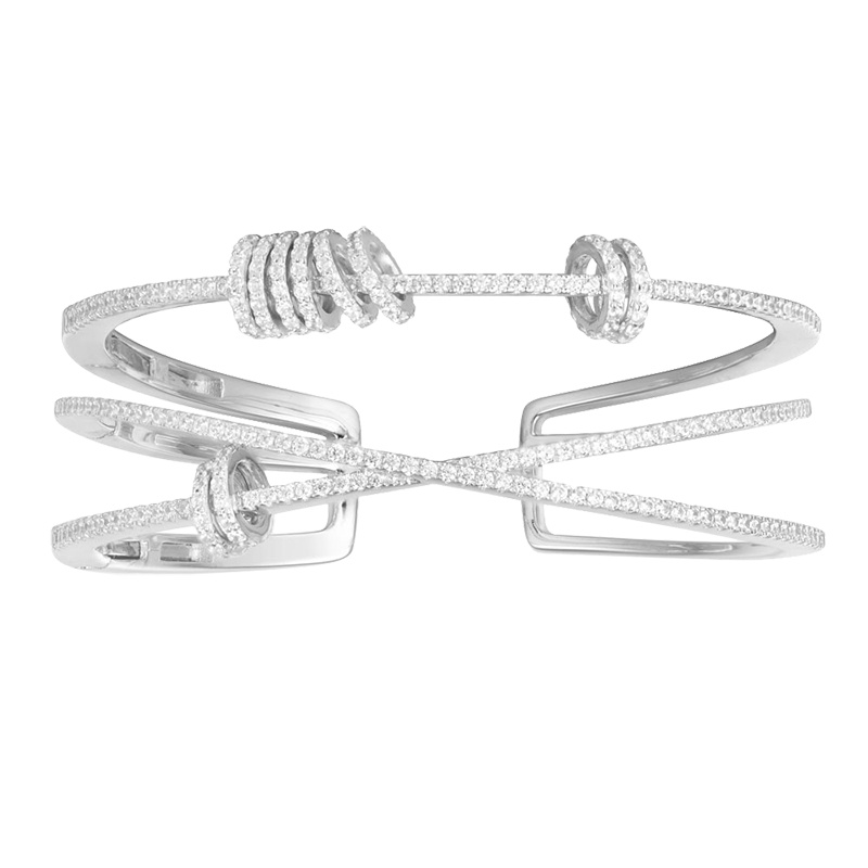 apm MONACO马苏同款穿孔三行镶晶钻925银手镯时尚宴会手环腕饰女士首饰欧美风格