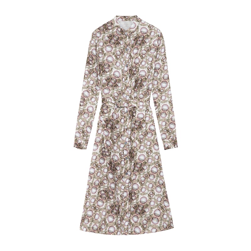 鄂尔多斯 | ERDOS春夏桑蚕丝小立领不对称印花松紧腰长袖女连衣裙