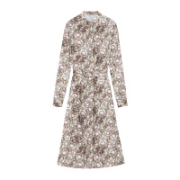 鄂尔多斯 | ERDOS春夏桑蚕丝小立领不对称印花松紧腰长袖女连衣裙