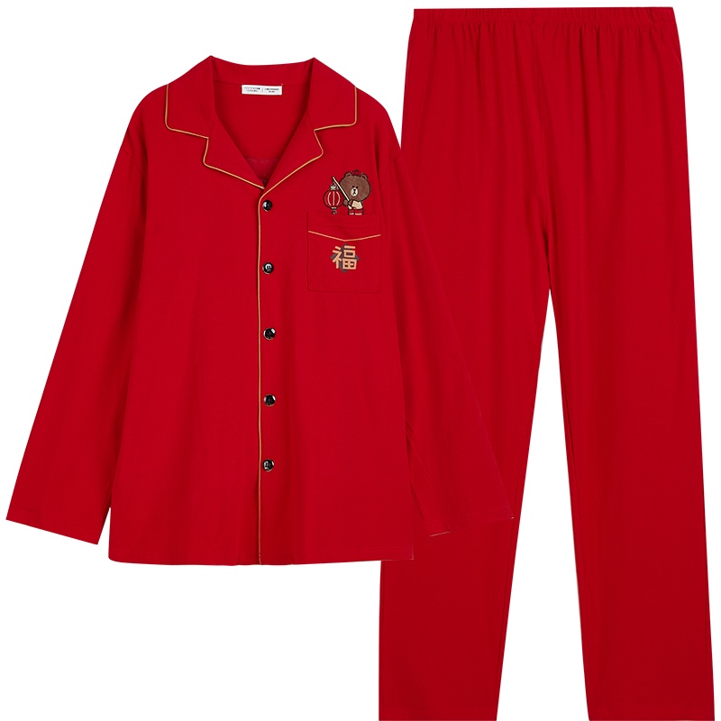 芬腾秋季新品情侣睡衣长袖纯棉大红结婚男女本命年春秋家居服套装