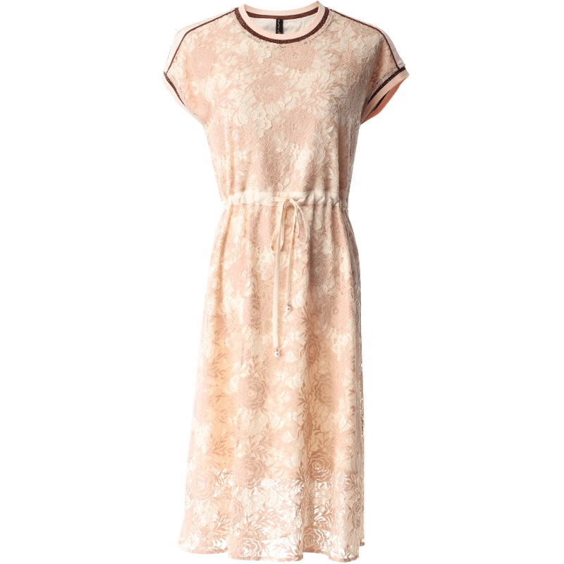 欧昵雪夏季圆领系带宽松高腰镂空蕾丝连衣裙女中裙A字裙