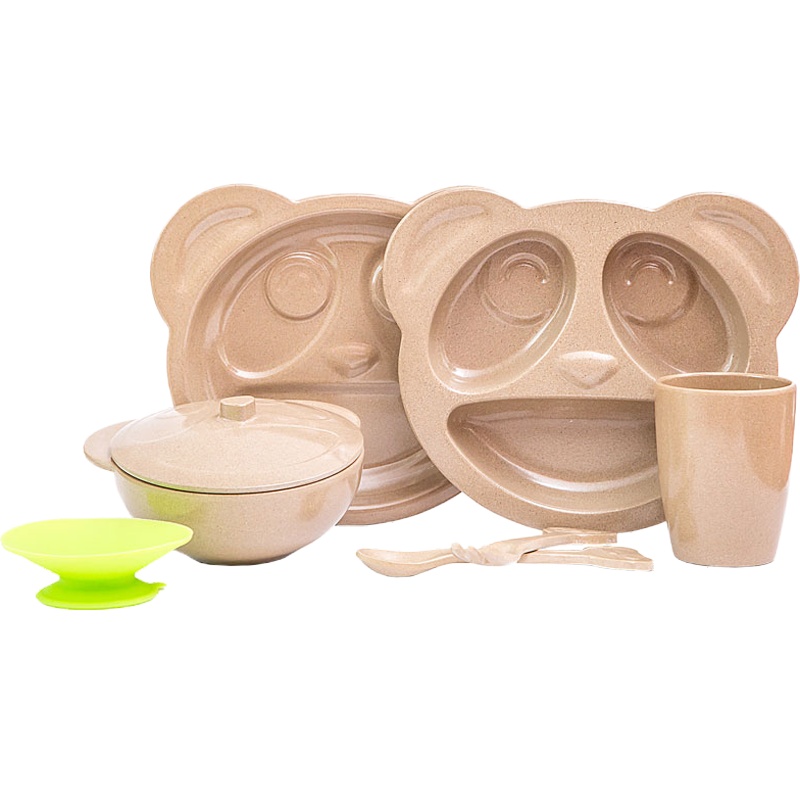 绿之态OG+壳稻谷壳婴儿童碗勺杯套装宝宝吃饭辅食碗防摔卡通餐盘辅食工具糠仔熊猫餐具套装