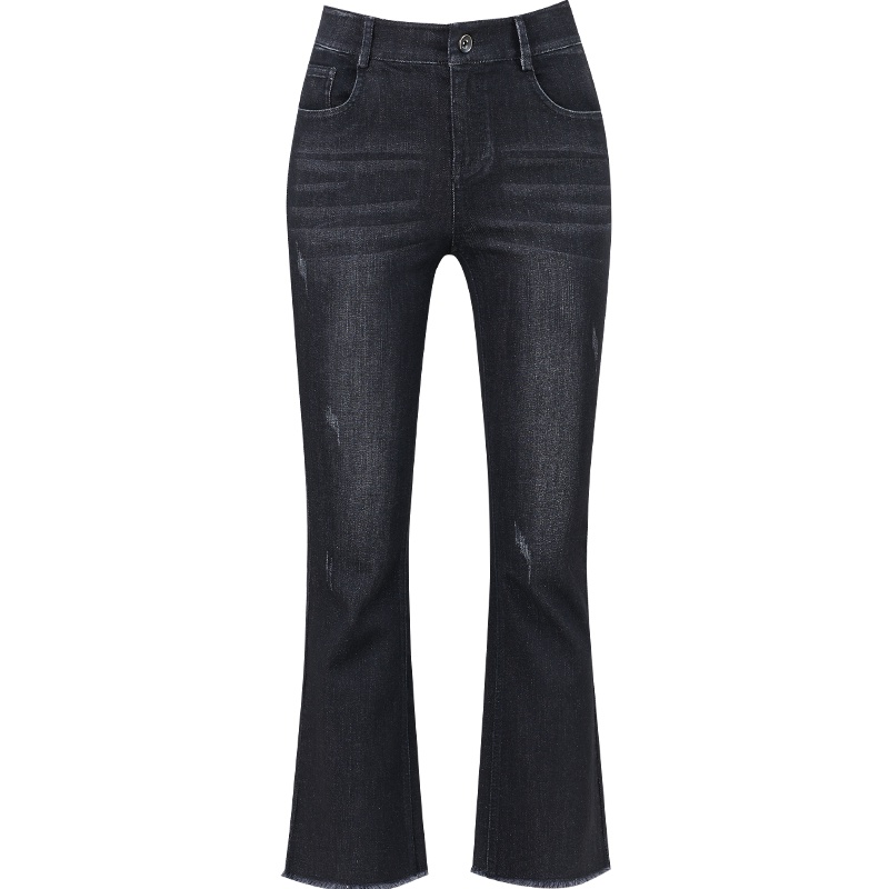 娅丽达女裤2019春秋黑色微喇牛仔裤女韩版高腰显瘦毛边九分裤I1111