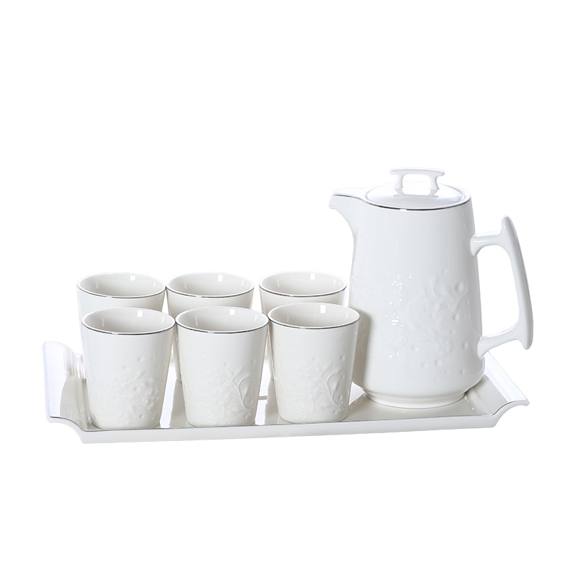 顺祥陶瓷茶具套装 欧式+中式现代浮雕水具8件套 一抹金艳 苏宁自营