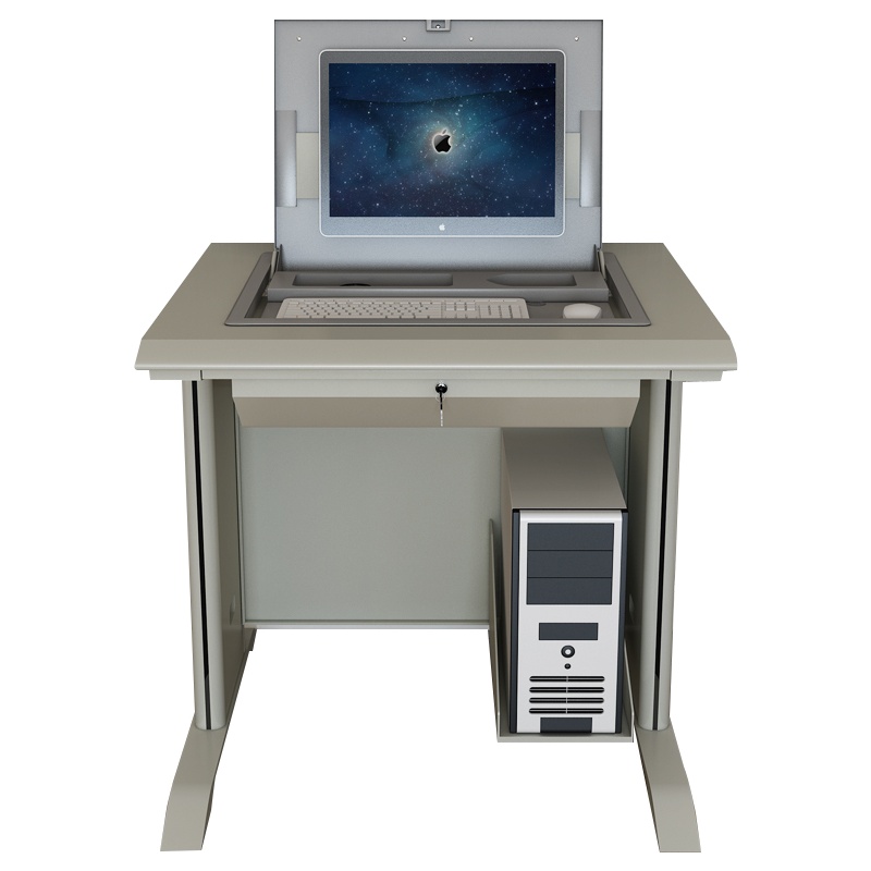 创世人 翻转电脑桌 单双人带主机显示器嵌入式电脑桌 多媒体课桌 学校微机室电脑桌