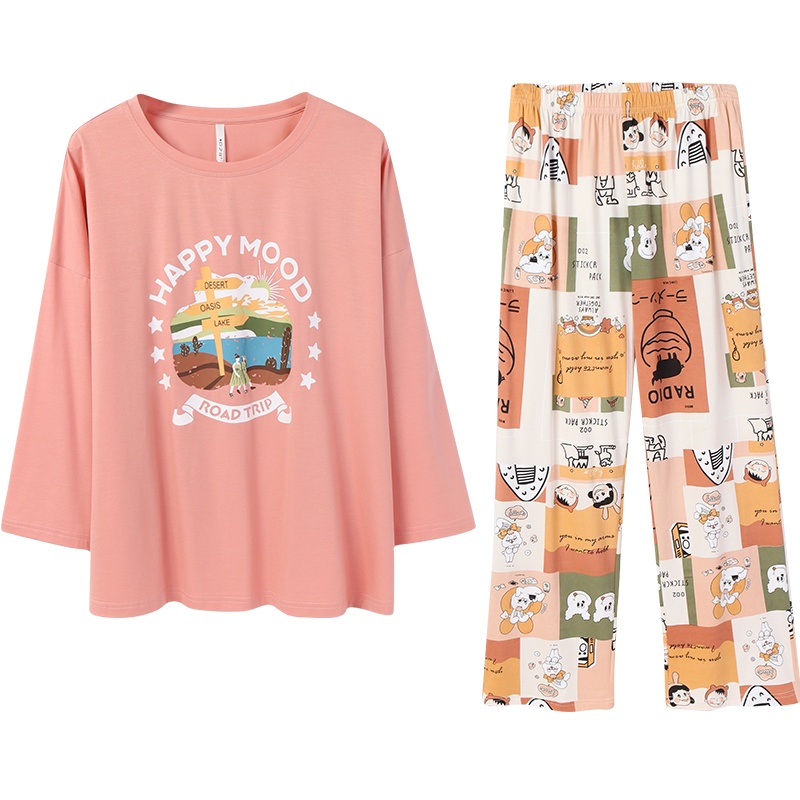 安之伴睡衣女细软绵棉长袖女套装卡通印花圆领可外穿套头女士家居服套装