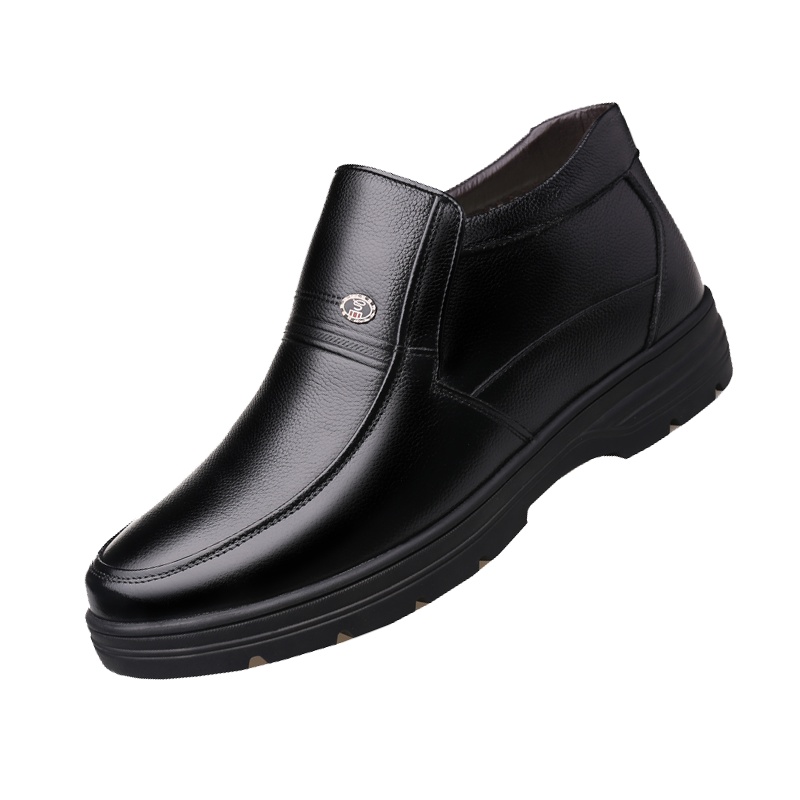 策霸头层牛皮2021新款经典款中老年男士棉鞋商务休闲男士靴子保暖鞋