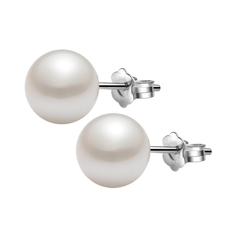 京润珍珠 倾心 925银/18k金镶白色淡水珍珠耳钉 正圆品质 珠宝送女友