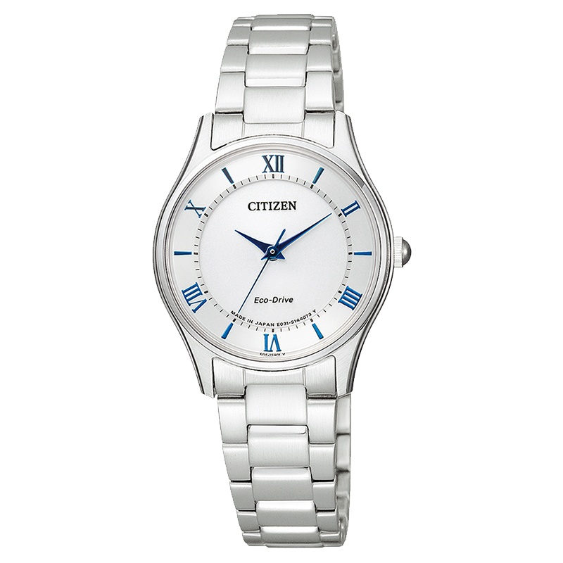 EM0400-51B西铁城光动能银色钢带小蓝针简约太阳能手表