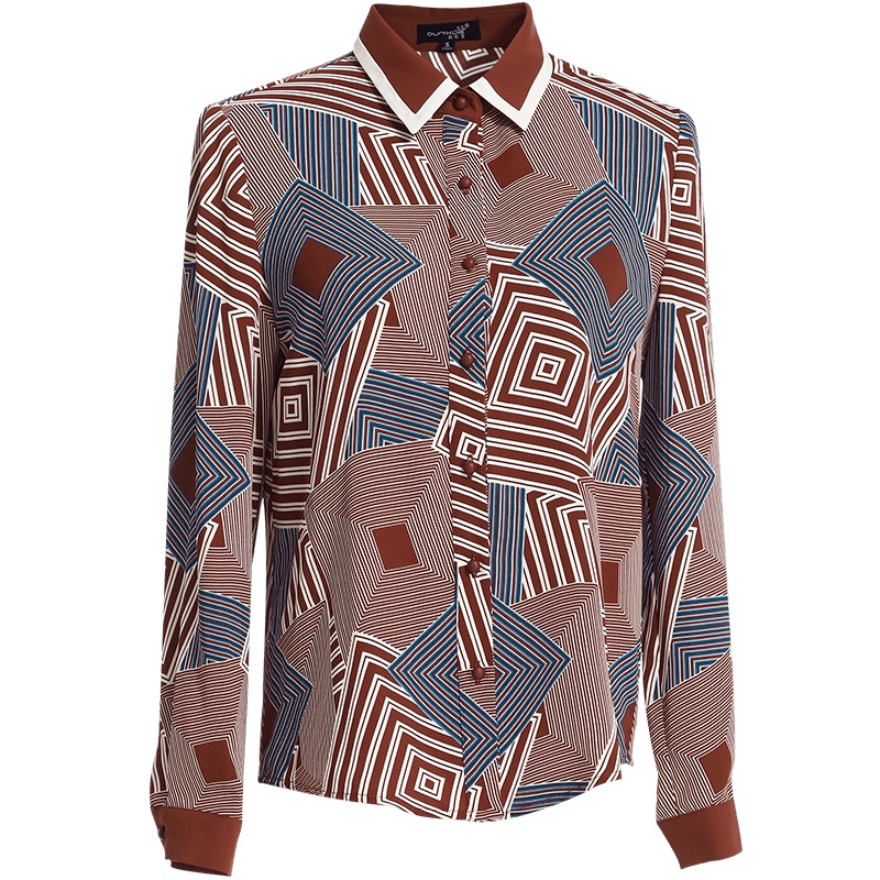 欧昵雪秋季撞色翻领几何印花衬衣女长袖套头直筒衬衫上衣