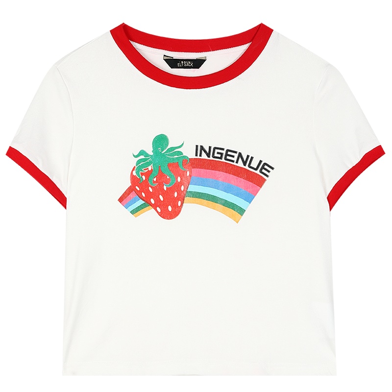 【新款】妖精的口袋bm风短袖T恤女2020夏季宽松印花露脐短款上衣