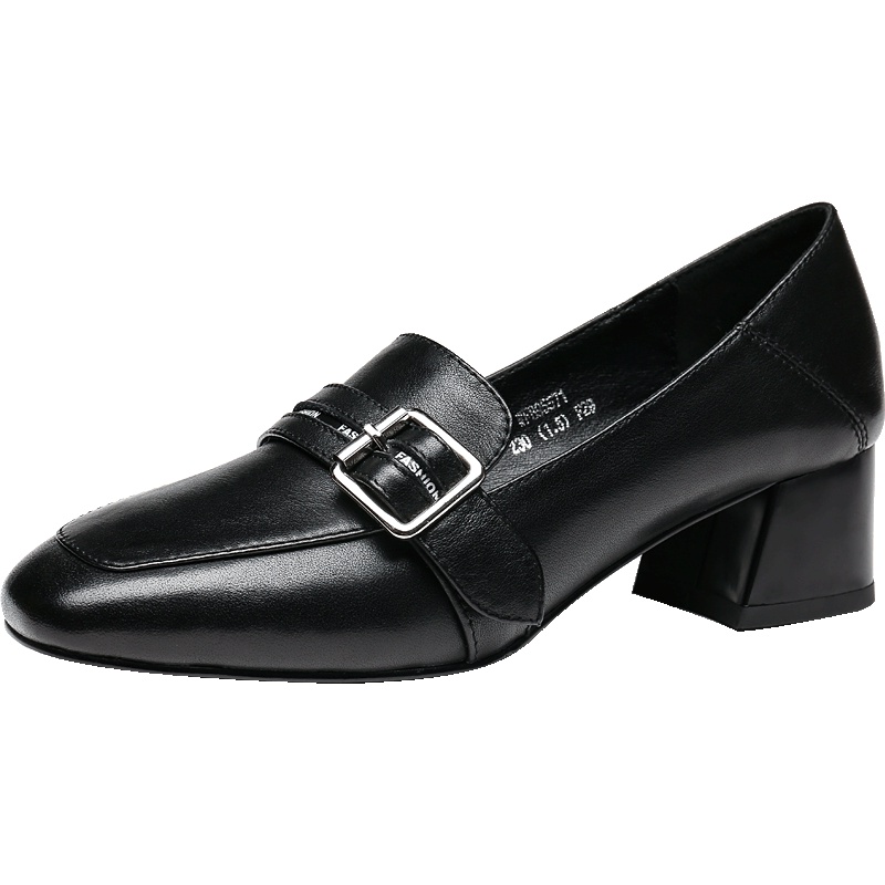 红蜻蜓女鞋秋季新款粗跟中口方头时尚百搭通勤皮带扣套脚单鞋