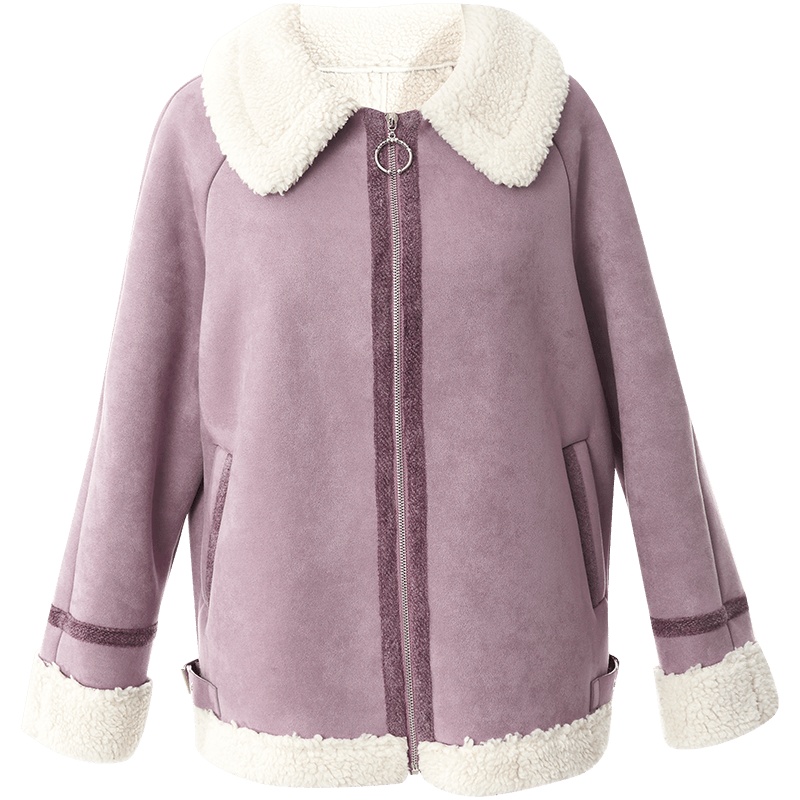 OUNIXUE欧昵雪 | [保暖羊羔毛上衣]冬季气质翻领加厚仿麂皮宽松斜插袋外套女