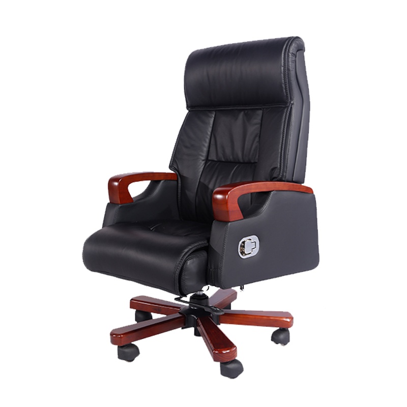 【理政】办公椅 办公家具 木质扶手 皮质 现代中式老板椅 可升降可旋转工作椅 黑色