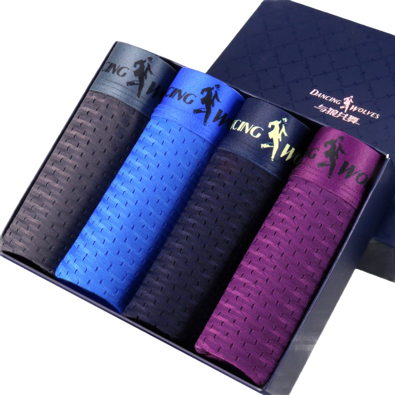 与狼共舞内裤 男平角裤冰丝莫代尔网眼镂空四角裤 四条盒装