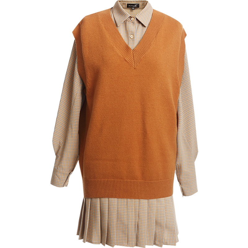 OUNIXUE欧昵雪 | [马甲连衣裙两件套]休闲风简约无袖毛衣压褶裙套装女