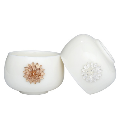 常生源 茶杯 镶银 白瓷 情侣杯 办公泡茶杯 带礼盒 同心花语对杯