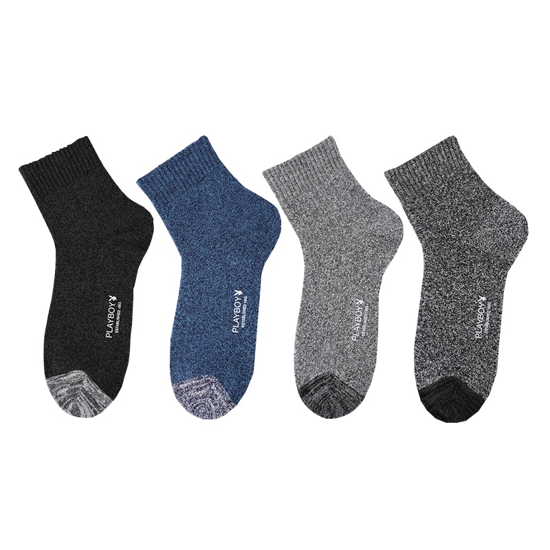 PLAYBOY花花公子袜子男袜休闲运动纯色棉质加厚毛圈男士袜子秋冬暖男短袜1652-4双礼盒装