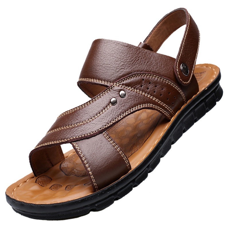 牧伦奴仕(MULUNUSHI)新款夏季沙滩鞋男士凉拖鞋时尚潮流凉鞋男拖鞋露趾鞋头层牛皮(除牛反绒)两用拖鞋潮棕12129