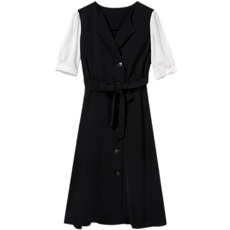 三彩2020秋季新款拼接灯笼袖腰带大摆裙大码遮肉显瘦连衣裙