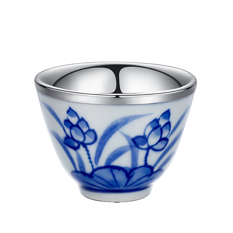 银斯妮 999足银茶杯 青花瓷银杯 主人杯单杯功夫茶 手工茶杯 建盏品茗杯家用茶碗