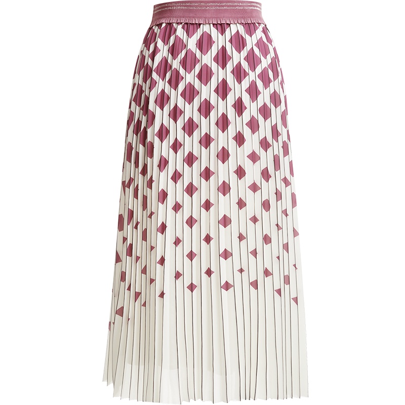 OUNIXUE欧昵雪 | [几何形印花裙]清新木耳边松紧橡筋高腰压褶半身裙女