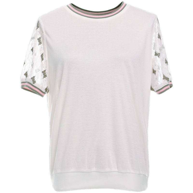 欧昵雪夏装圆领拼接蕾丝短袖显瘦T恤女设计感直筒上衣