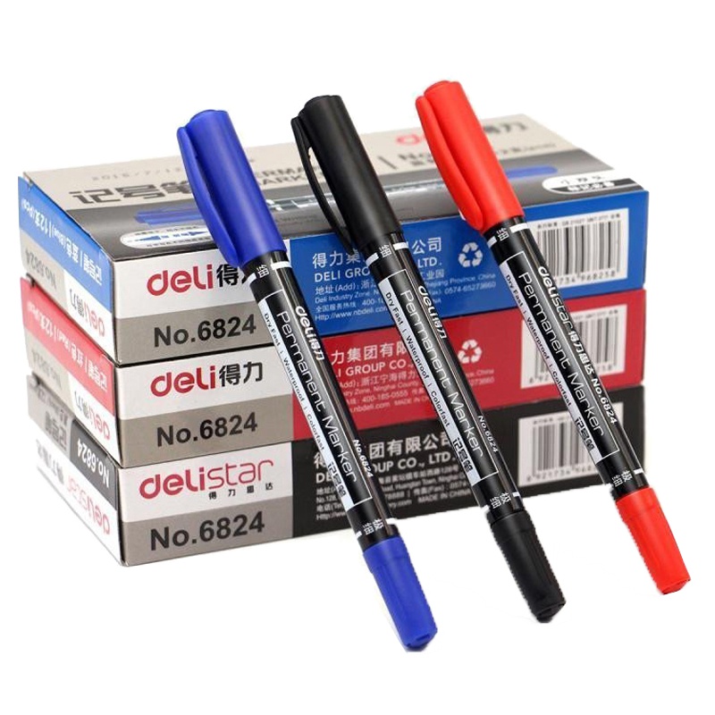 得力(deli) 思达6824小双头记号笔12支/盒 黑/红/蓝