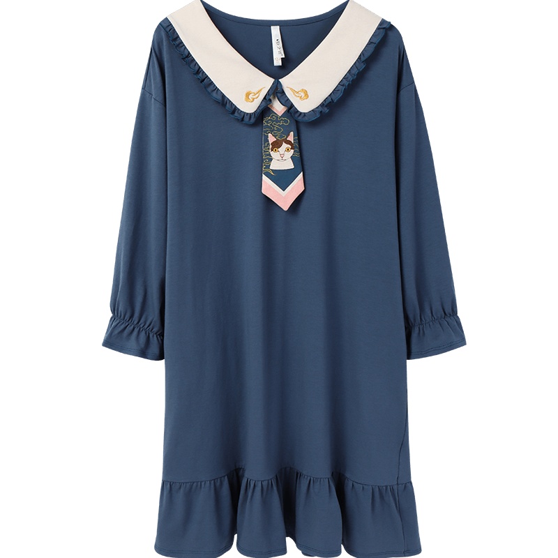 安之伴睡衣女童木耳边翻领小荷叶袖中长裙棉质弹力针织素色长袖可外穿女童裙