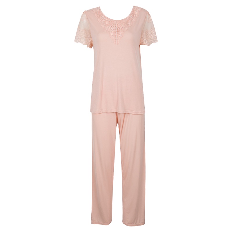 古今舒适蕾丝花边可外穿睡衣短袖长裤家居服套装 7H176
