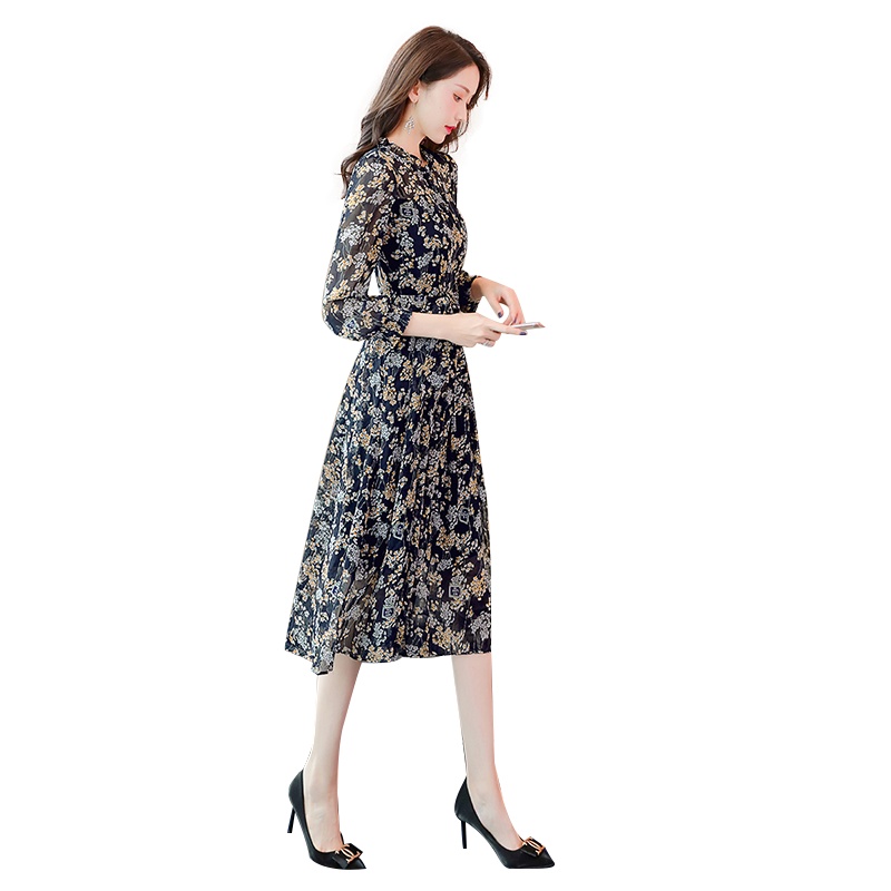 丝柏舍2020春季女装高腰雪纺修身碎花中长款连衣裙S01Q0397L