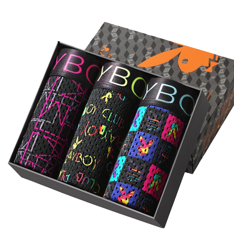 花花公子5373男士内裤冰丝网眼3条礼盒装平角内裤男四角短裤