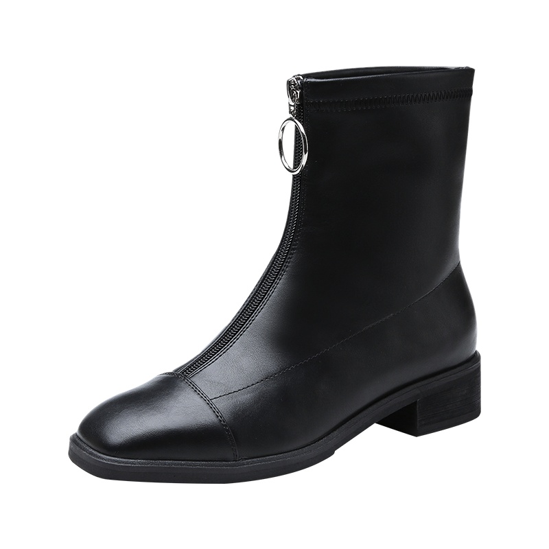 PLAYBOY/花花公子秋冬季加绒纯色休闲韩版前拉链设计圆头粗跟时尚网红马丁机车靴女