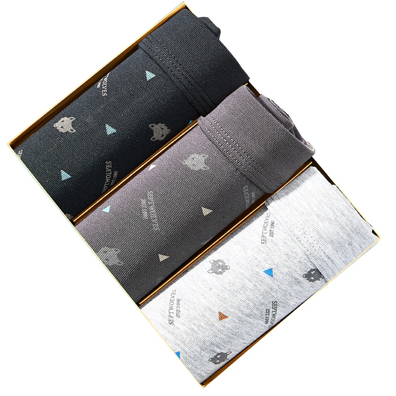 七匹狼 3条装棉氨透气舒适中腰印花平角男士内裤