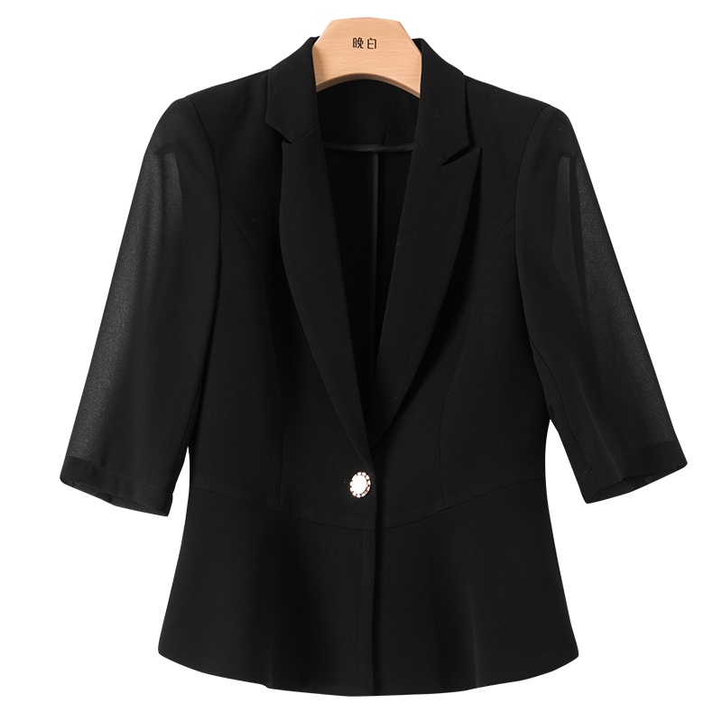 晚白 2020夏新品通勤时尚纯色西装领一粒扣休闲百搭空调衫西装外套女