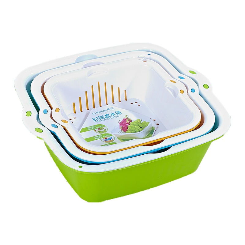 茶花 1161+1162+1160 时尚滤水双层洗菜篮子组合 大中小三个装