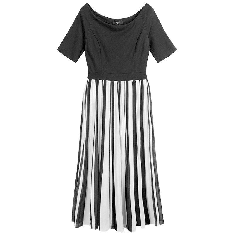 上新拉夏贝尔candie's秋冬新撞色假两件一字领条纹百褶连衣裙30081110