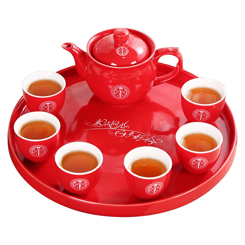 霁颜婚庆红双喜一壶350ml六杯70ml套装(礼盒装) 婚庆碗筷红色茶具水杯茶杯结婚礼品一壶六杯 婚庆喜事连连茶具