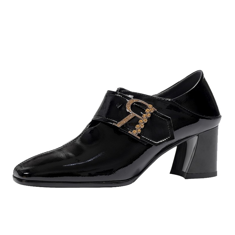 格瑞迪欧牛皮高跟鞋女粗跟深口单鞋2020春款真皮漆皮水钻方头小皮鞋百搭鞋子女169-2