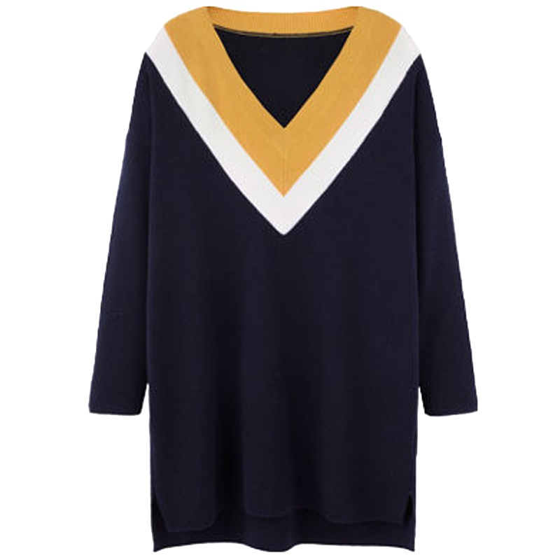 【专柜同款】拉夏贝尔冬季新款韩版宽松显瘦韩版休闲V领中长款套头毛针织衫女1T000630