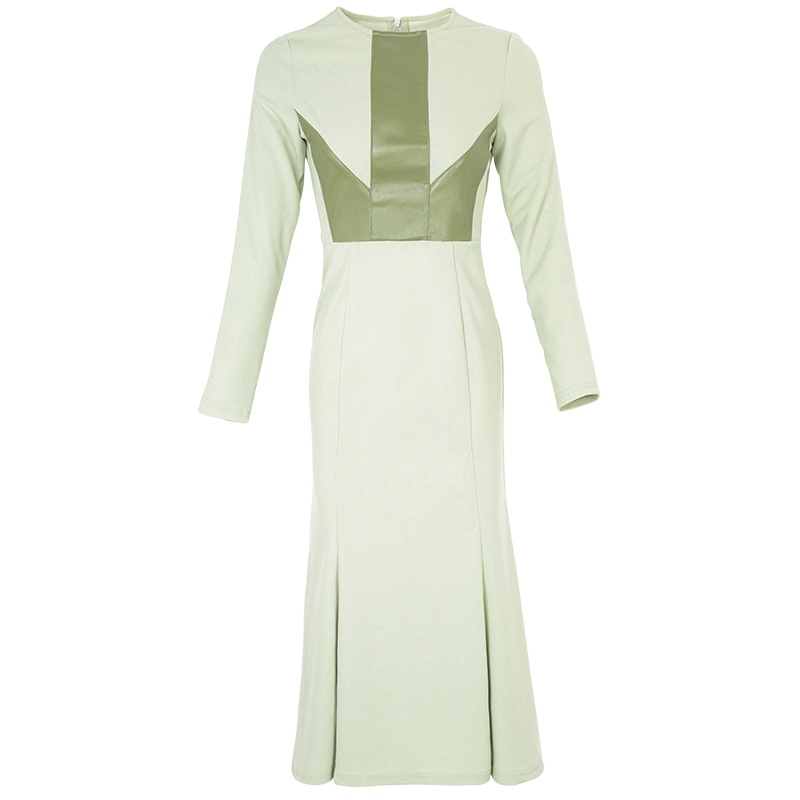 晚白2021春季新品时尚简约纯色圆领长袖高腰包臀鱼尾裙连衣裙女