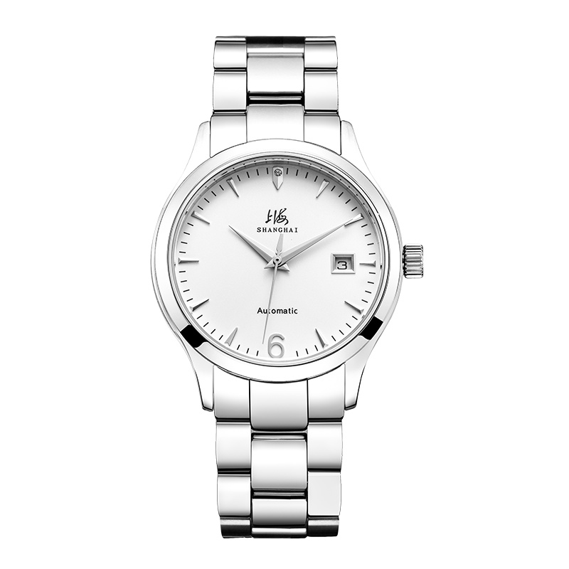 上海(SHANGHAI)手表情侣表三针日历系列情侣款对表593简约潮流全自动机械机芯钢带男士女士手表