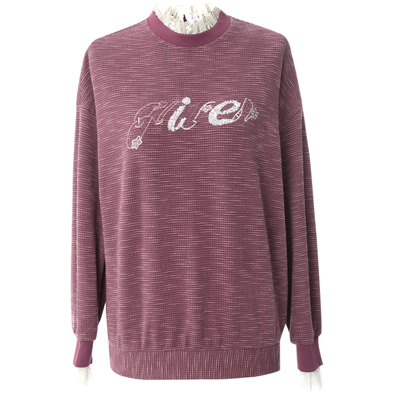 OUNIXUE欧昵雪 | [花边拼接罗纹领上衣]秋冬季时髦珠片绣宽松落肩袖卫衣女