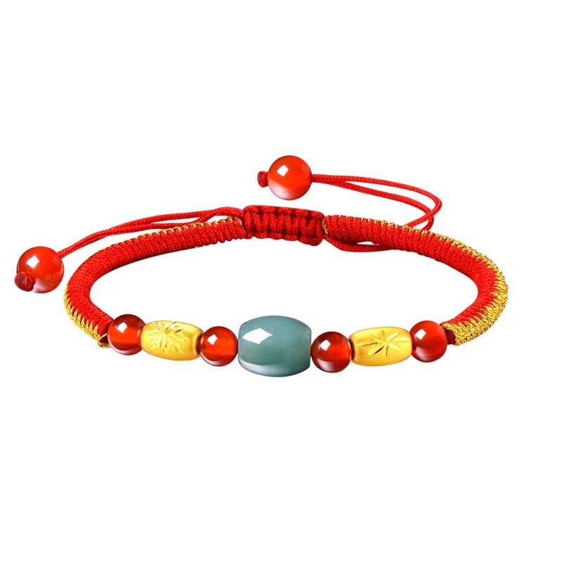 蒂蔻 橄榄珠黄金手链男女款翡翠珠足金圆珠红绳拉伸款手饰品3D硬金生日礼物